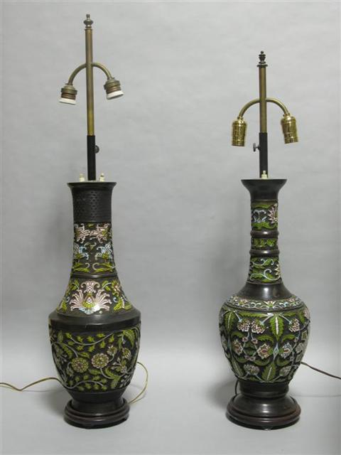 Appraisal: PAIR OF CHINESE CHAMPLEVE ENAMEL LAMPS Of slender baluster shape