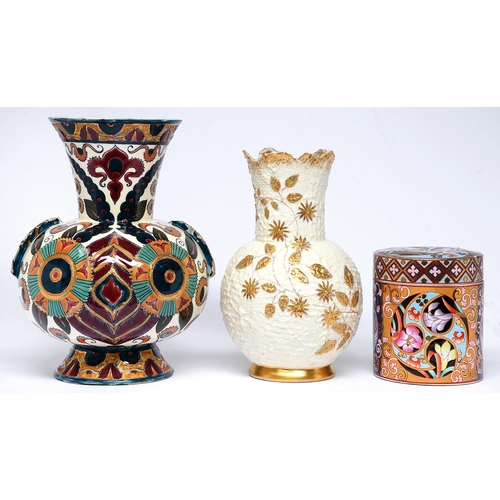 Appraisal: A Zsolnay vase late th c decorated with a highly