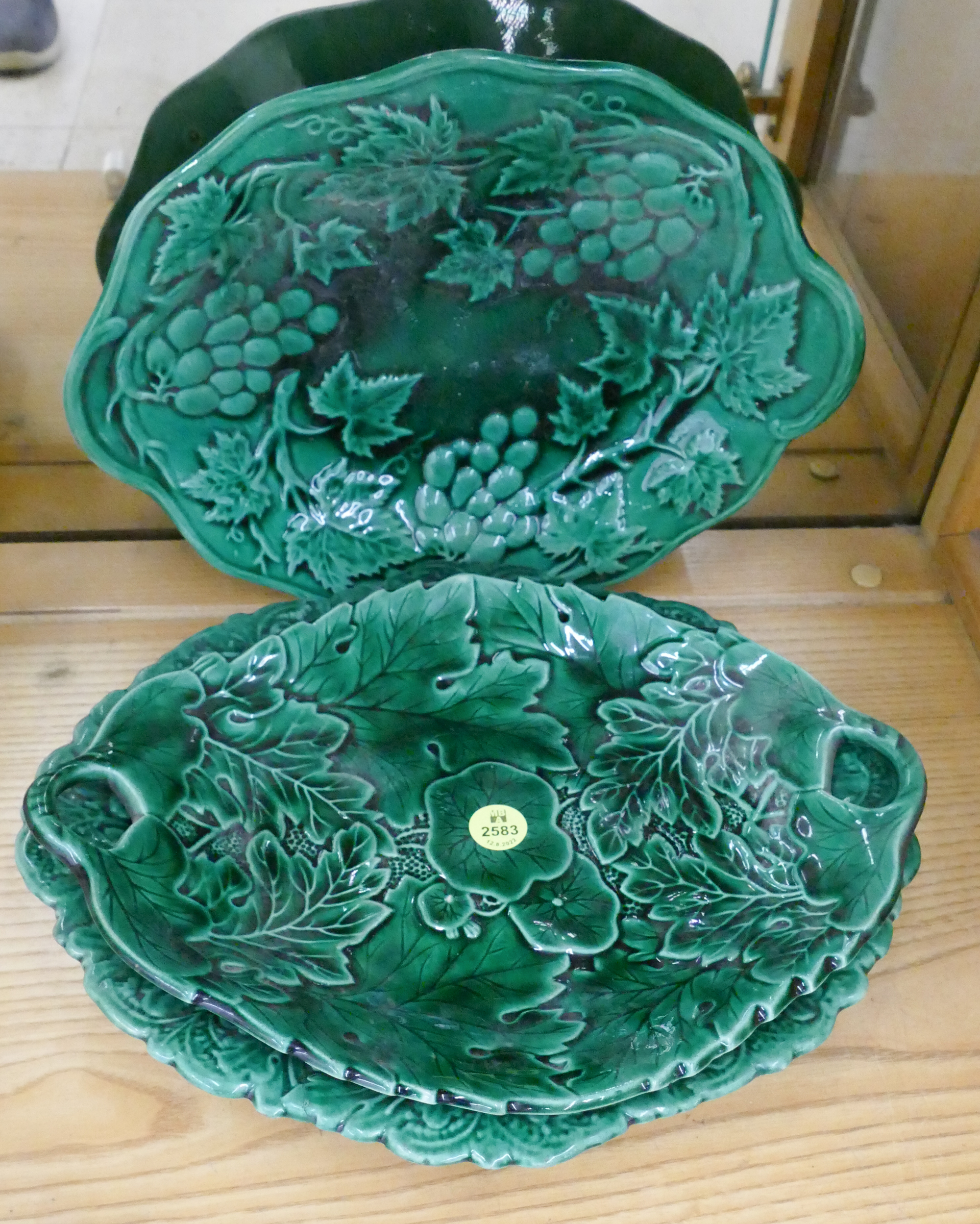 Appraisal: pc Antique majolica Green Small Servers- ''- one with repair