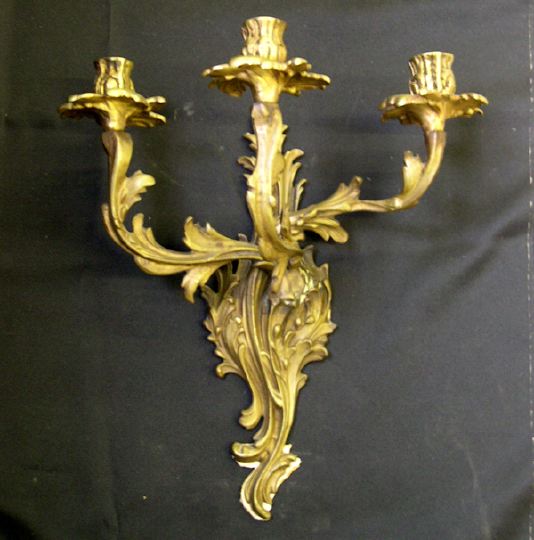 Appraisal: Pair of French Antiqued Brass Three-Light Appliques in the Louis