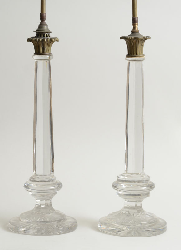 Appraisal: ASSEMBLED PAIR OF GILT-METAL-MOUNTED PRESSED GLASS COLUMN-FORM TABLE LAMPS Each