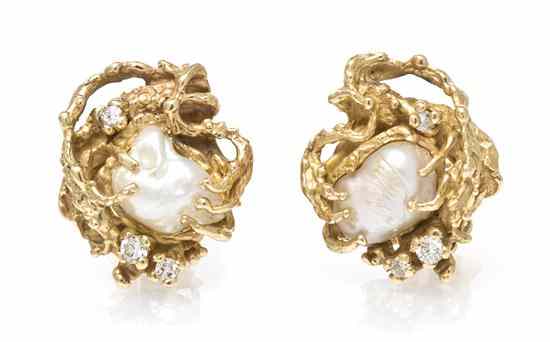 Appraisal: A Pair of Karat Yellow Gold Pearl and Diamond Earrings