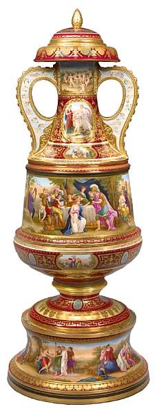 Appraisal: A monumental Vienna style porcelain covered vase on stand late