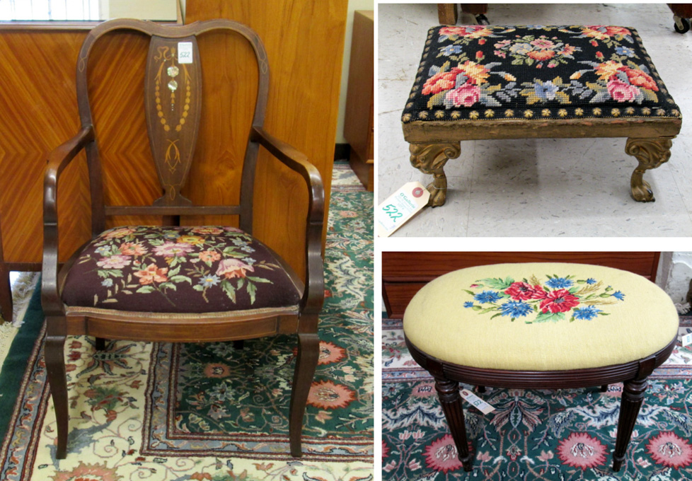 Appraisal: NEEDLEPOINT ARMCHAIR TWO STOOLS American inlaid mahogany armchair oval dressing