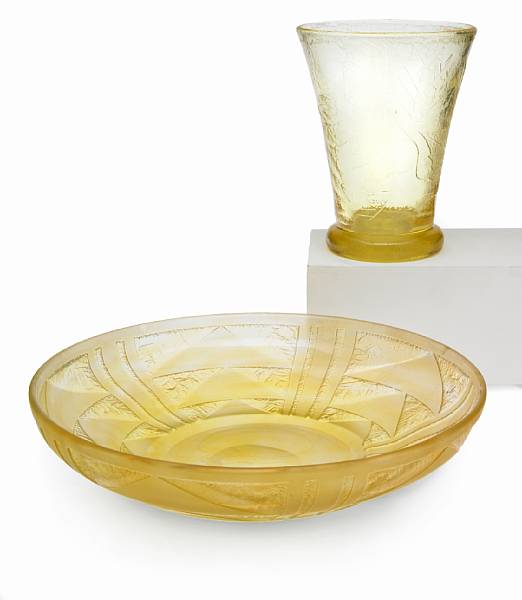 Appraisal: A Daum Nancy acid-cut-back yellow glass low bowl circa molded