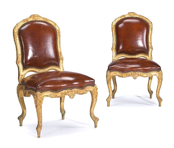 Appraisal: A set of eight Italian Rococo style giltwood and leather