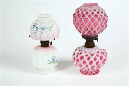 Appraisal: TWO MINIATURE LAMPS Pink ribbed opalescent diamond pattern by Plume