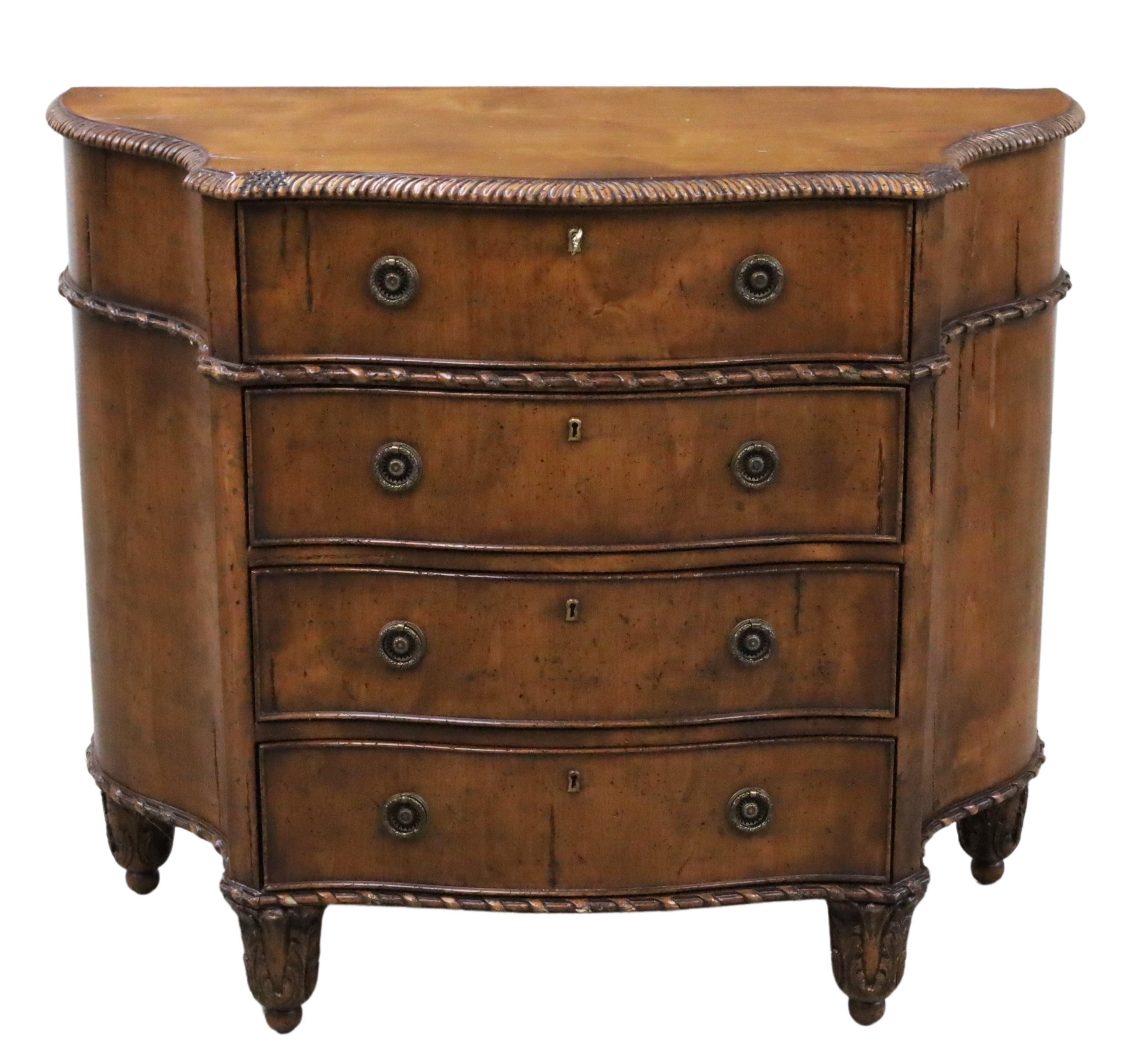 Appraisal: Decorative distressed fruitwood finished serpentine formed chest resting on acanthus