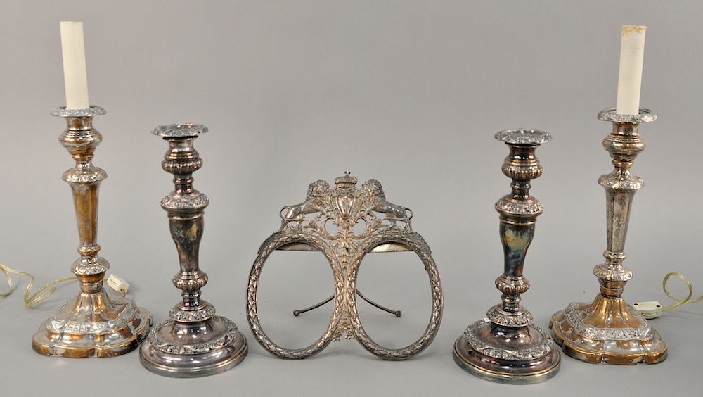 Appraisal: Five piece lot to include a pair of candlesticks made