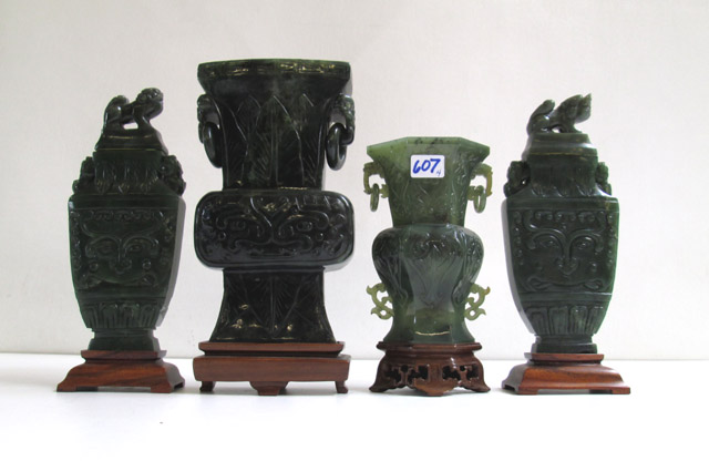 Appraisal: CHINESE CARVED HARDSTONE URNS AND VASES four pieces all raised