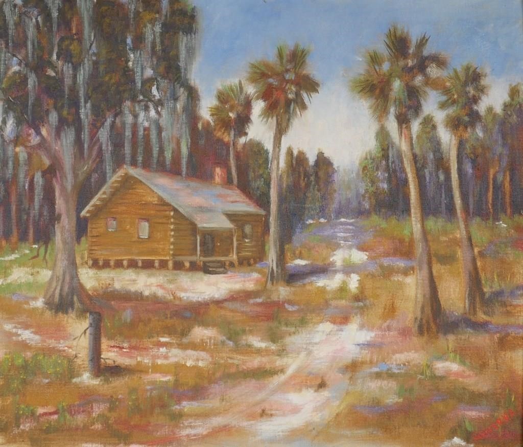 Appraisal: Oil on canvas panel painting of a cabin in a