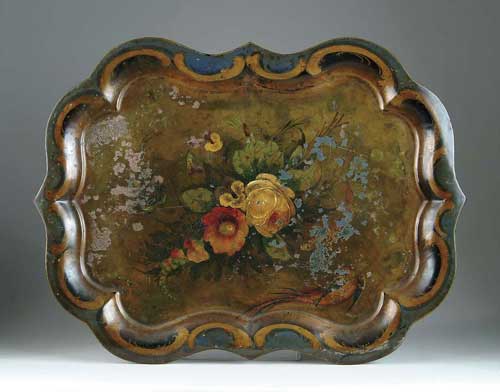 Appraisal: DECORATED CHIPPENDALE TOLE TRAY Shaped edge having central motif of