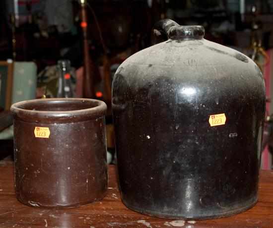 Appraisal: Brown stoneware jug and similar storage crock Estimate - All