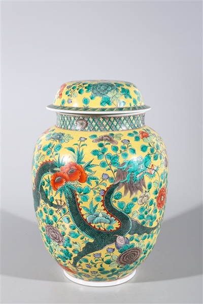 Appraisal: Chinese famille verte enameled porcelain covered yellow ground dragon vase