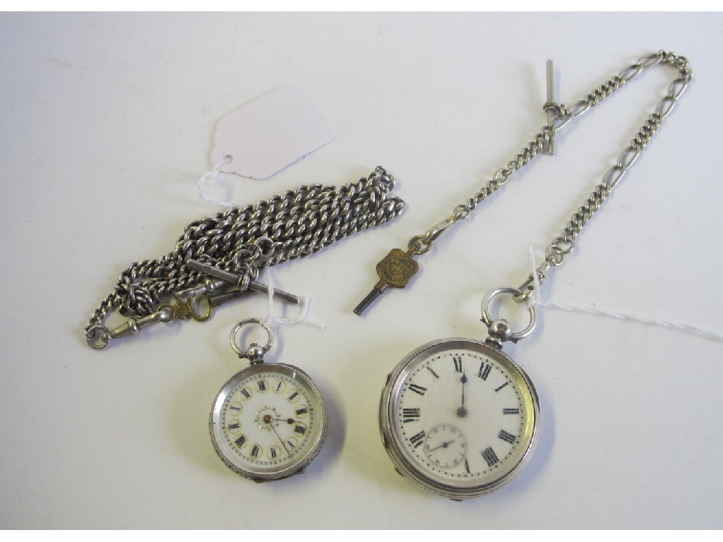 Appraisal: Lot comprising silver pocket watch on white metal Albert silver