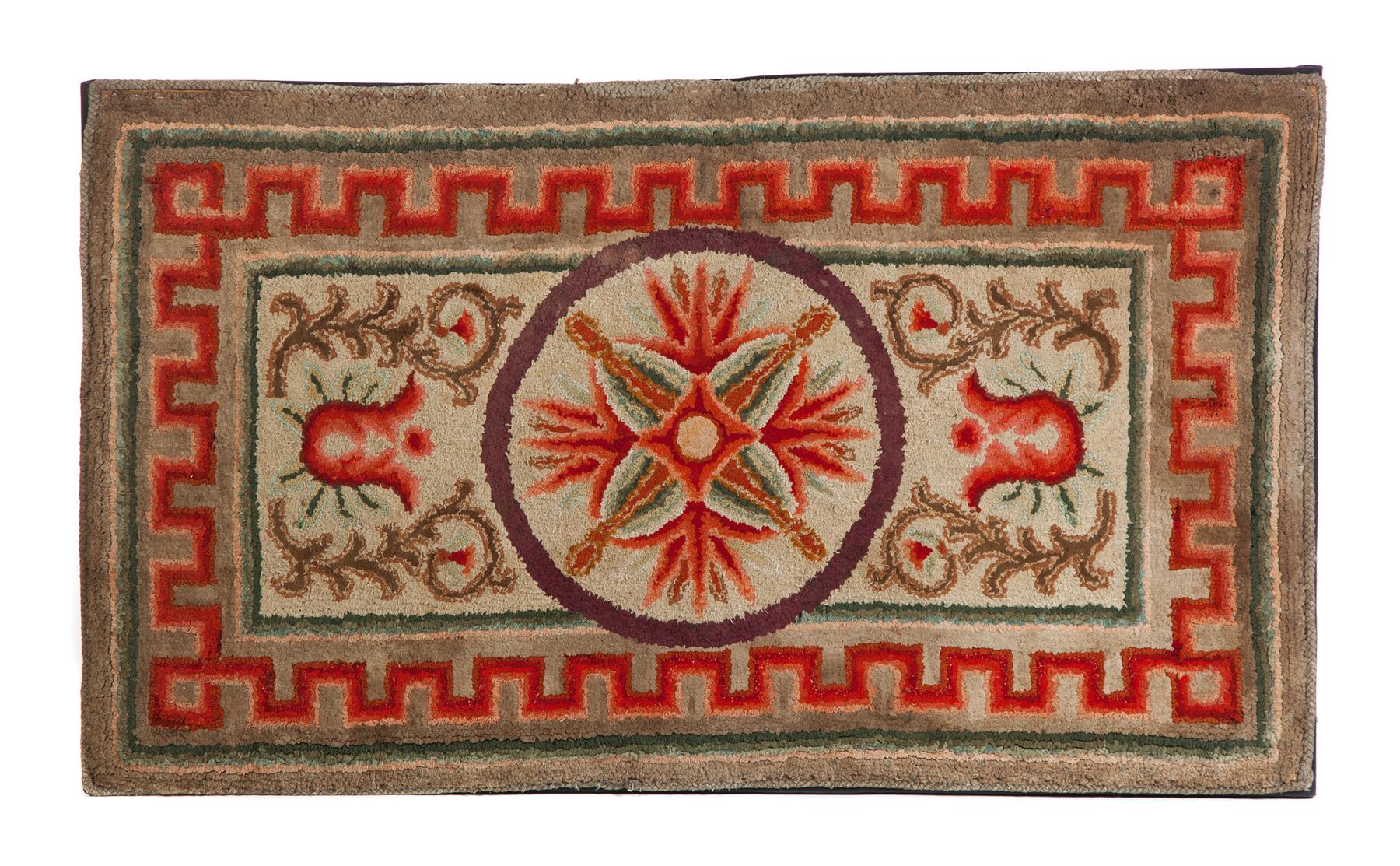 Appraisal: AMERICAN HOOKED RUG Early th century Central medallion with two