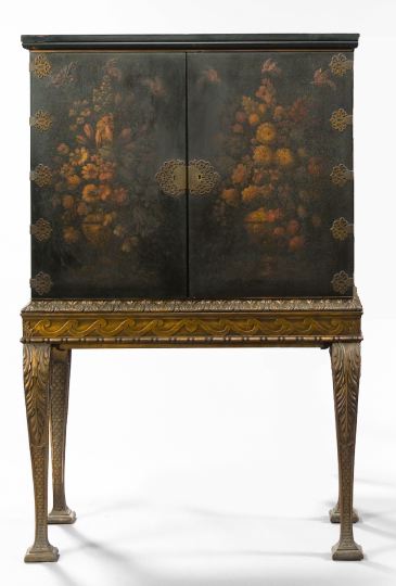 Appraisal: George II-Style Black Lacquered and Giltwood Cabinet-on-Stand early th century