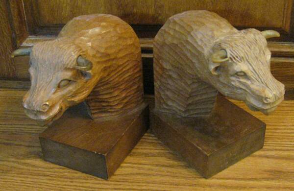 Appraisal: PR CARVED WOOD HORN BULL BOOKENDS