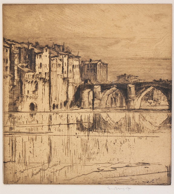 Appraisal: SIR FRANK BRANGWYN - River landscape with bridge etching pencil