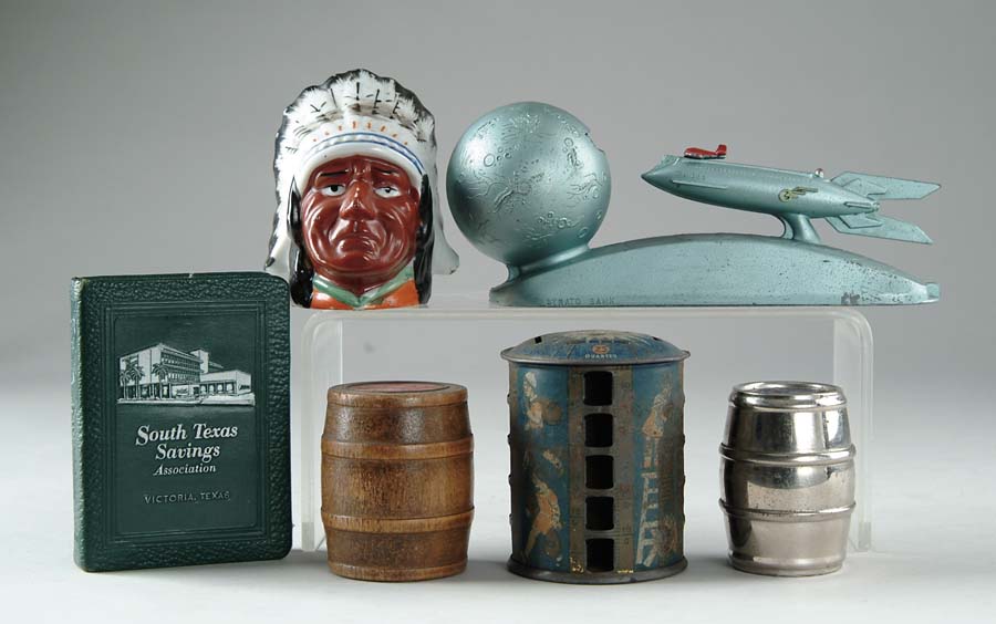 Appraisal: LOT OF SIX MISC BANKS Lot includes a ceramic Indian