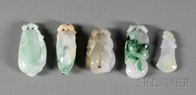 Appraisal: Five Jade Pendants gray-lavender with bright green markings two carved