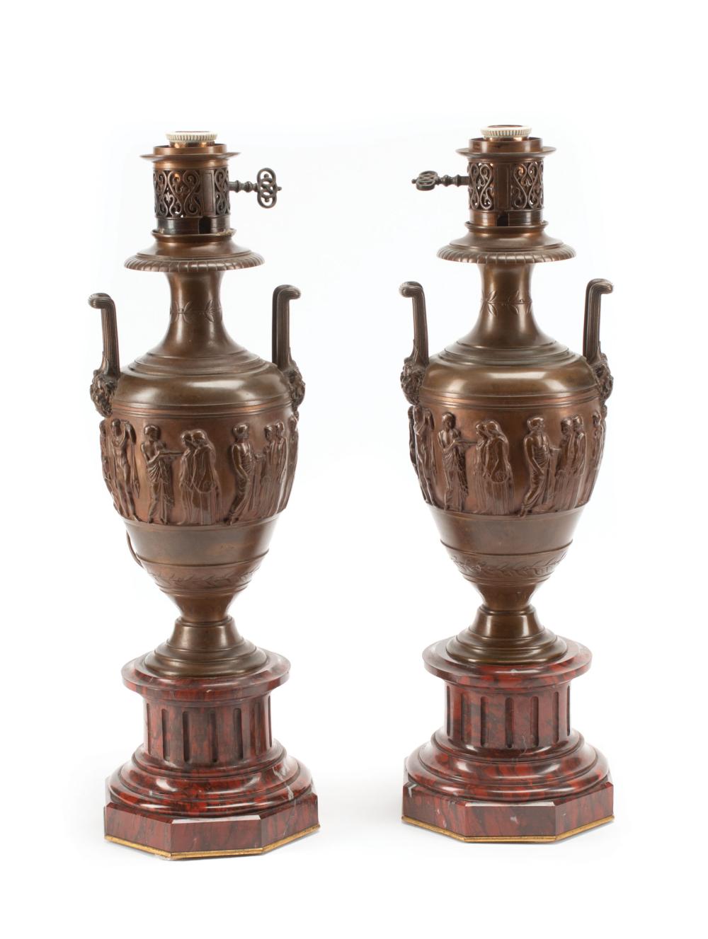 Appraisal: Pair of Napoleon III Bronze and Marble Oil Lamps th