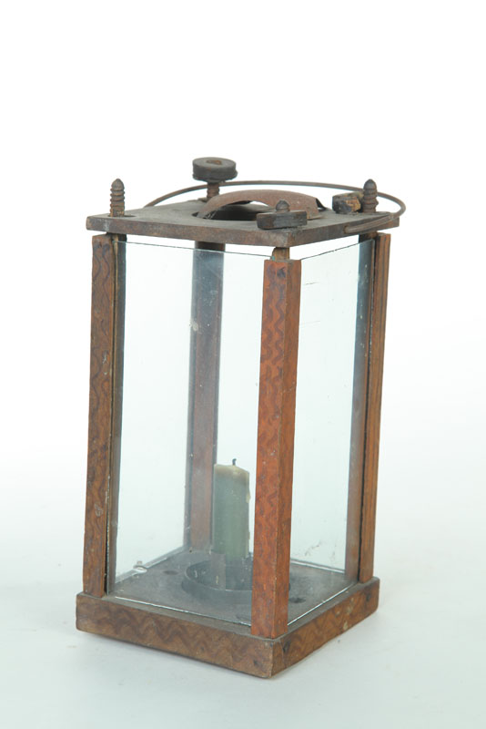 Appraisal: DECORATED WOODEN CANDLE LANTERN American th century Wooden frame has