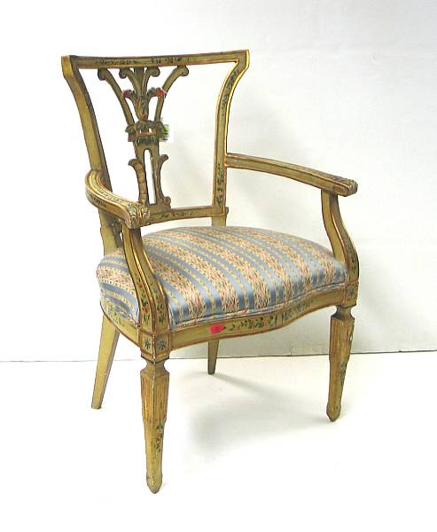 Appraisal: An Italian Neoclassical style painted and parcel gilt armchair th