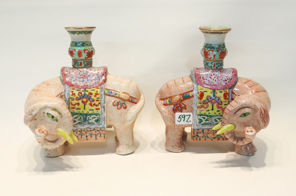 Appraisal: PAIR CHINESE PORCELAIN FIGURAL CANDLEHOLDERS elephants adorned in ceremonial dress