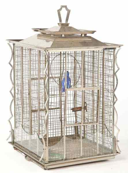 Appraisal: Art Deco Hanging Metal Birdcage th century chrome hanging birdcage