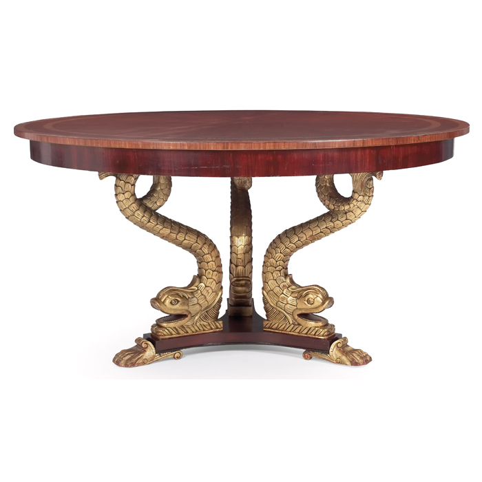 Appraisal: Regency style center table exotic wood top with inlay to