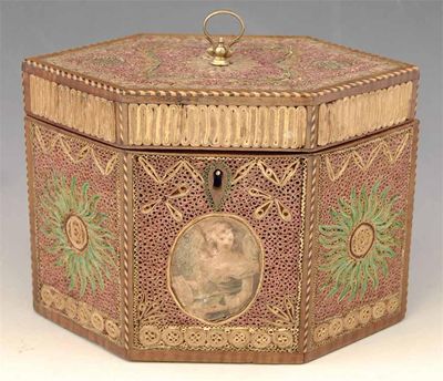 Appraisal: A George III rolled paper hexagonal tea caddy inlaid chequer