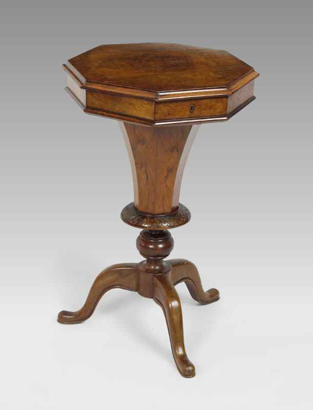 Appraisal: REGENCY BURL WALNUT WORK TABLE Octagonal top hinged and lifts