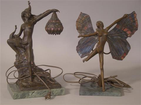 Appraisal: TWO ART NOUVEAU STYLE BRONZE LAMPS One after Welgers depicting