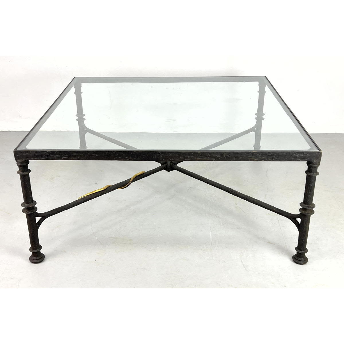 Appraisal: Diego Giacometti style Snake Decorated Coffee Table Heavy Iron Glass