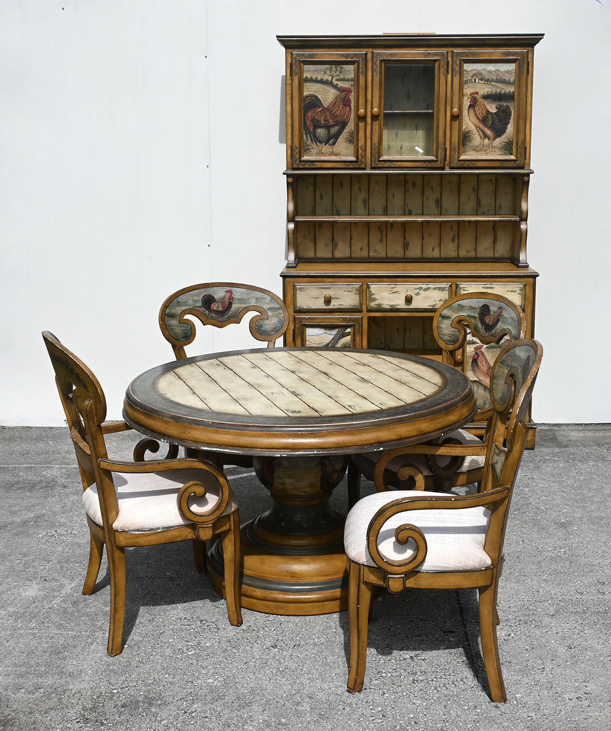 Appraisal: PC ROOSTER MOTIF DINING SET Comprising - Step-back China Hutch