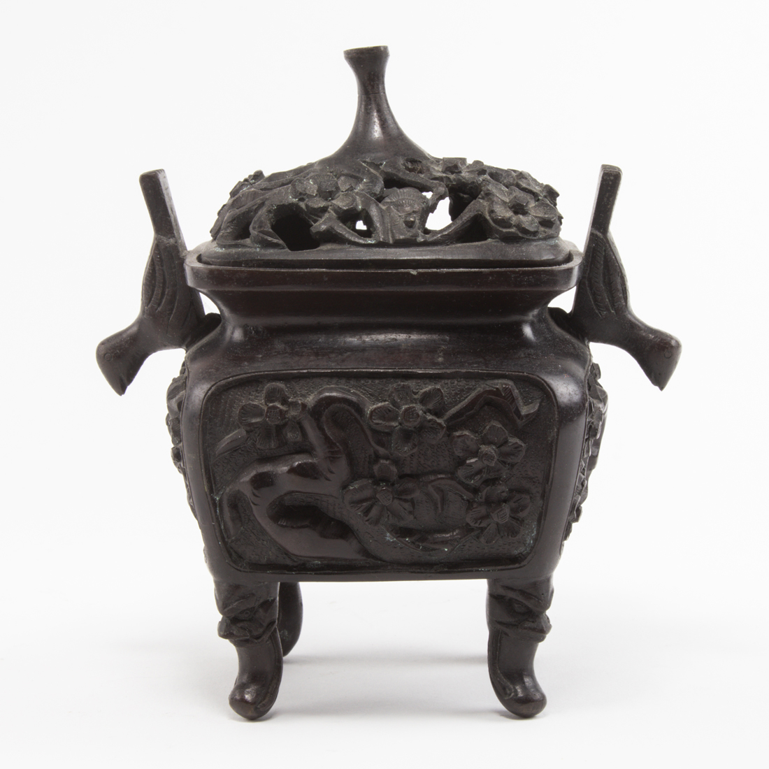 Appraisal: CHINESE CAST BRONZE FOOTED CENSER AND COVER Chinese cast bronze