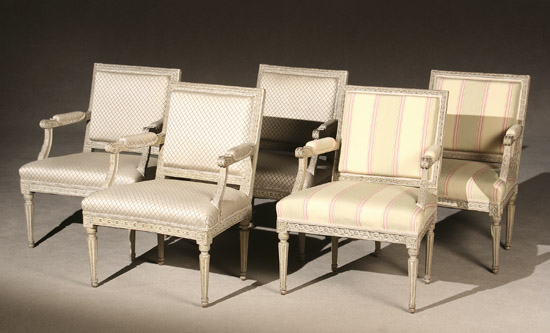 Appraisal: Set of Five Louis XVI Style Gray Painted Beechwood Fauteuils