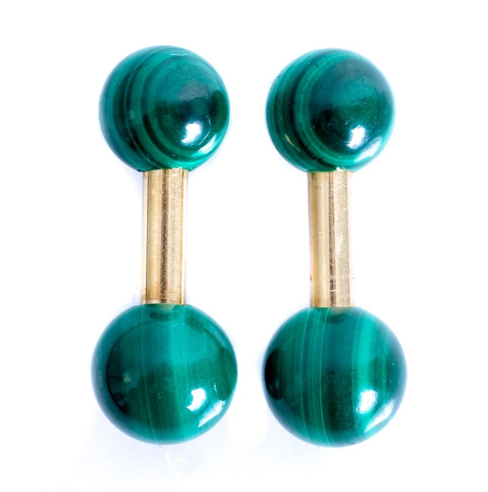 Appraisal: TIFFANY CO K YG MALACHITE BARBELL CUFFLINKSPair of Tiffany Co