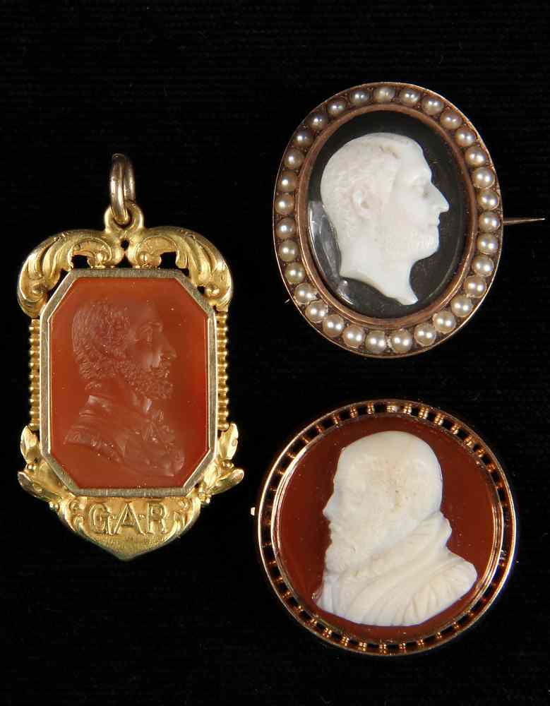 Appraisal: THREE PROFILE PORTRAITS OF GENTLEMEN- circular hardstone cameo profile of