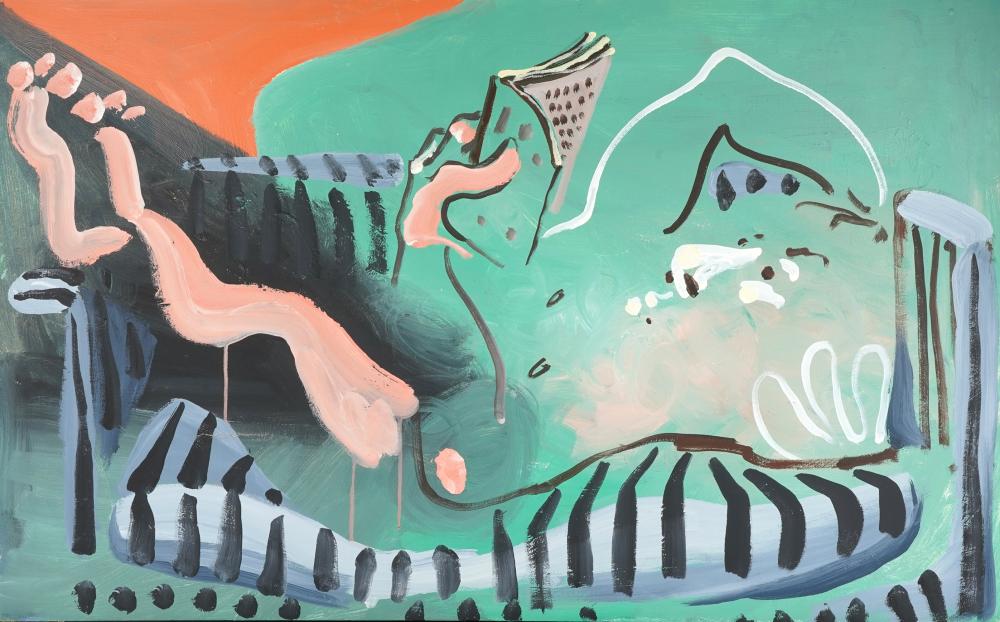 Appraisal: IAN FALCONER - BOY READING ON STRIPED COUCH acrylic on