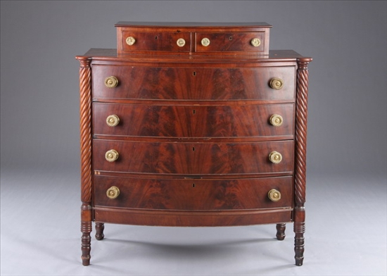 Appraisal: AMERICAN EMPIRE FLAME MAHOGANY SIX-DRAWER CHEST th century Raised backboard