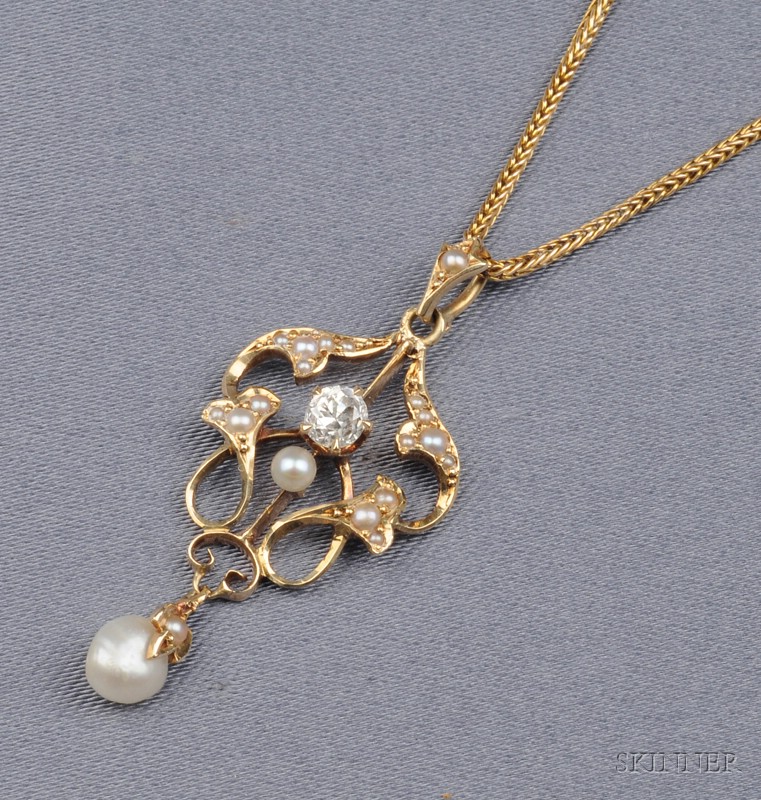 Appraisal: Antique Gold Diamond and Pearl Lavaliere suspended from a delicate