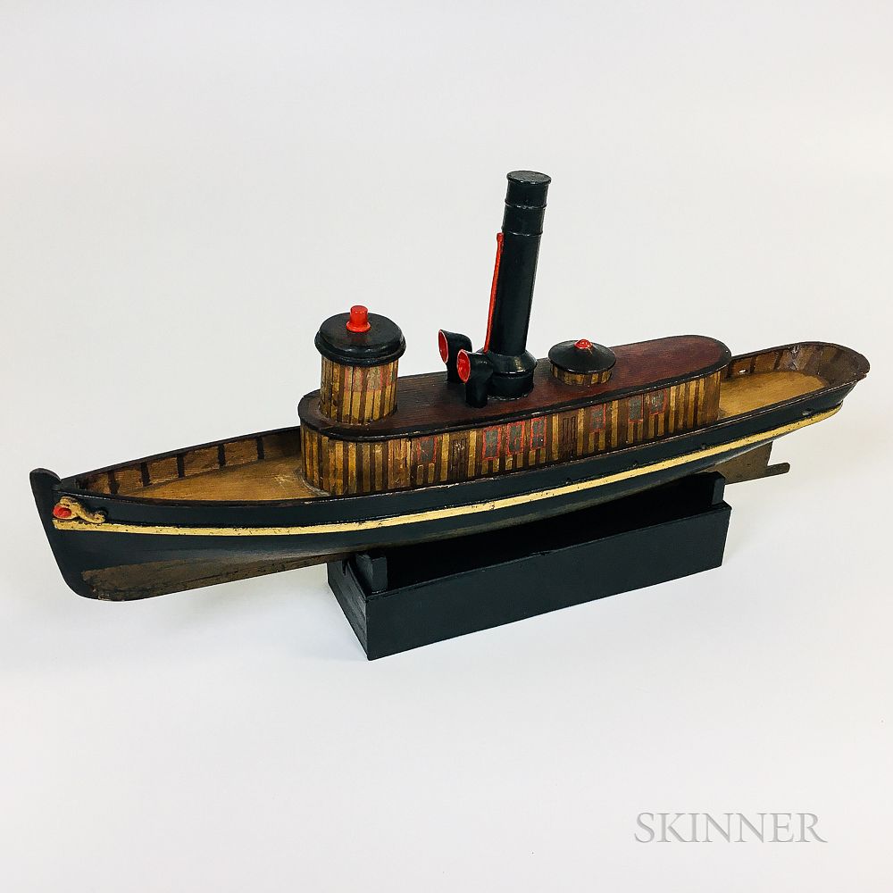 Appraisal: Paint-decorated Velvet-lined Tugboat-form Trinket Box Paint-decorated Velvet-lined Tugboat-form Trinket Box