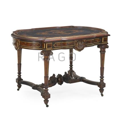 Appraisal: VICTORIAN PARCEL-GILT TABLE Mahogany and walnut elaborate marquetry top ca