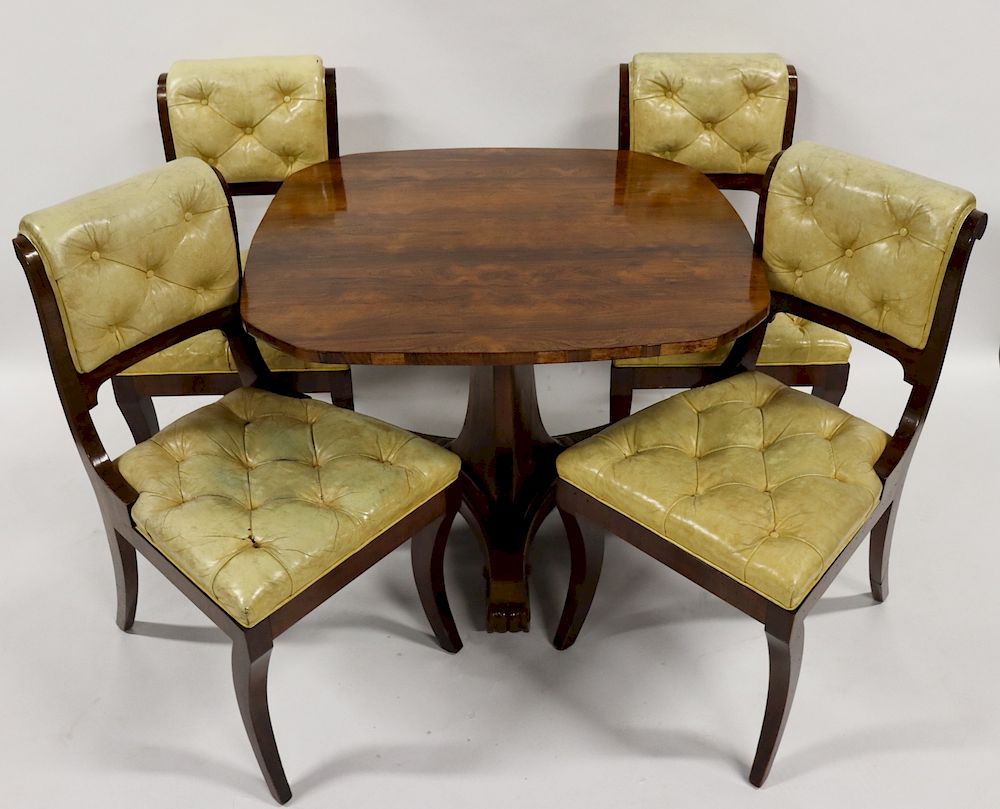 Appraisal: Regency Rosewood Game Table And Leather Upholstered Chairs From an