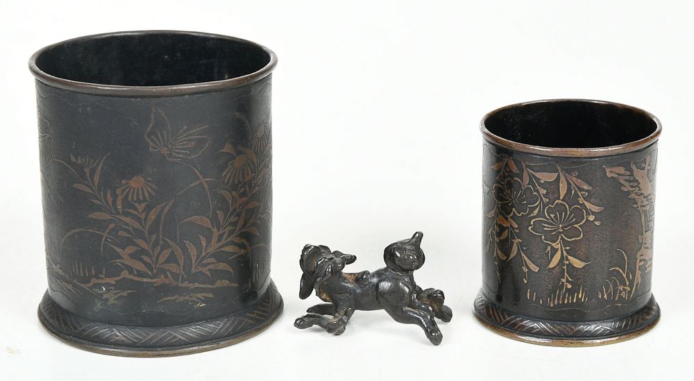 Appraisal: Two Japanese Bronze Brush Pots and Figure Meiji period two