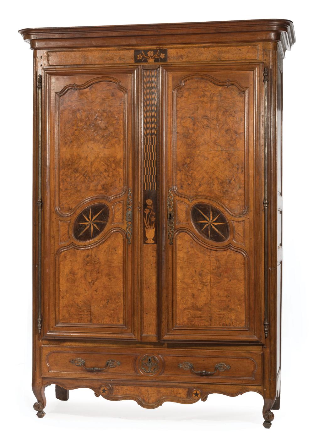 Appraisal: Antique French Inlaid and Burl Walnut Armoire Bresse molded stepped