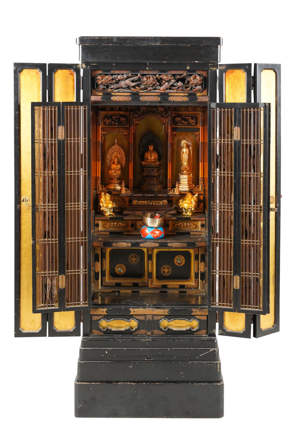 Appraisal: JAPANESE LACQUERED SHRINE CABINETcontaining added interior implements single pull out