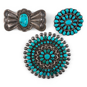 Appraisal: Navajo and Zuni Silver and Turquoise Brooches Pins mid -